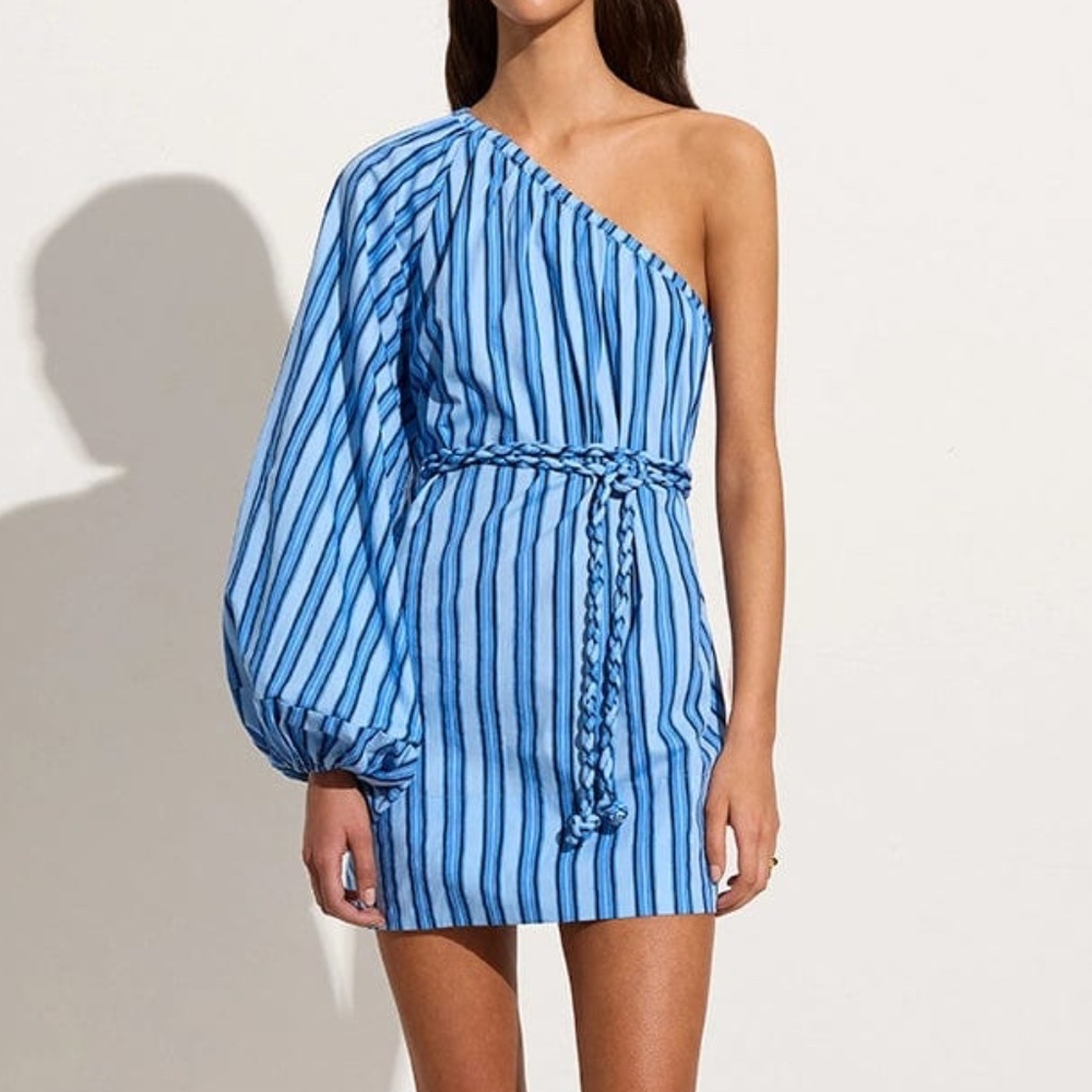 Faithfull the Brand blue striped one shoulder mini dress! Calia Mini Dress Akaia